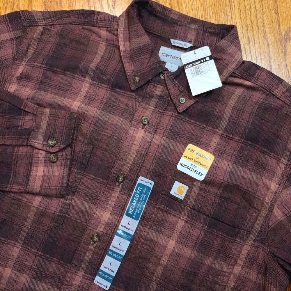 Carhartt Flannel Shirt Mens L Burgundy Plaid Relaxed Fit Rugged Flex 103820-224